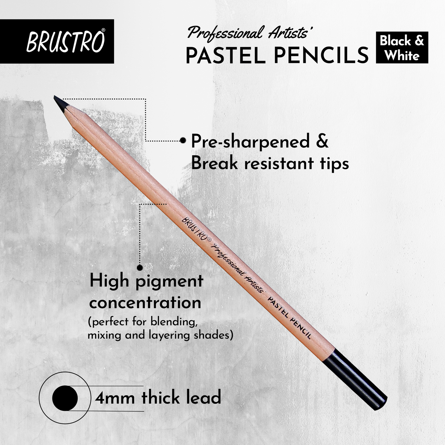 Brustro Professional Artists’ Pastel Pencils - Set of 6 (3 Black and 3 White) 4mm Leads, Pre-Sharpened