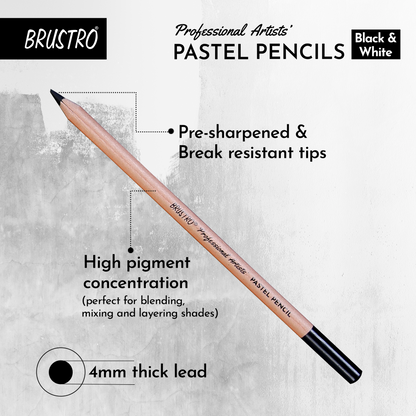 Brustro Professional Artists’ Pastel Pencils - Set of 6 (3 Black and 3 White) 4mm Leads, Pre-Sharpened