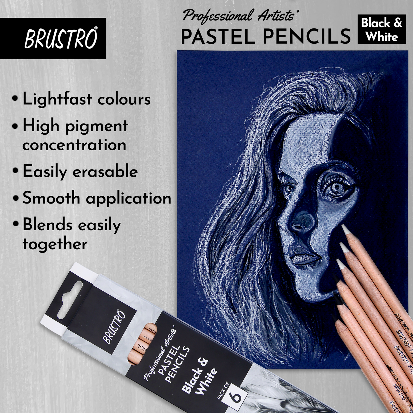 Brustro Professional Artists’ Pastel Pencils - Set of 6 (3 Black and 3 White) 4mm Leads, Pre-Sharpened