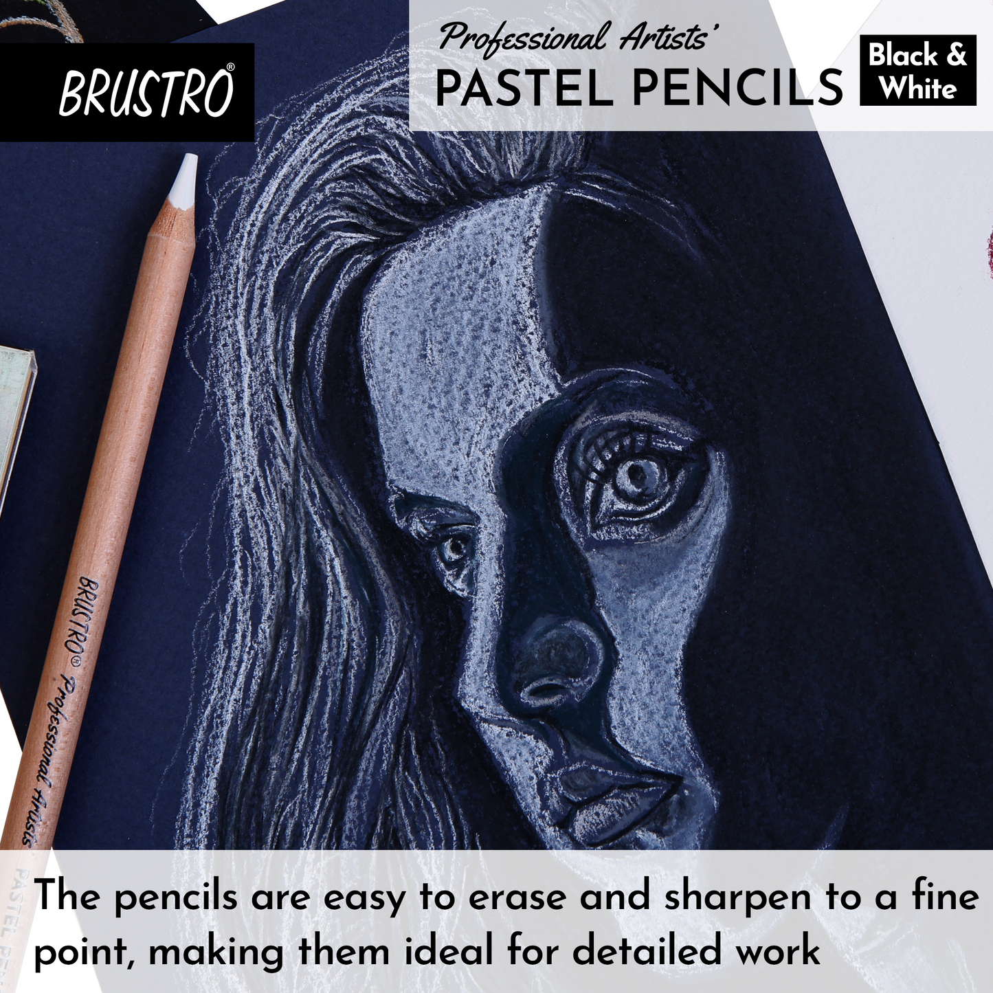 Brustro Professional Artists’ Pastel Pencils - Set of 6 (3 Black and 3 White) 4mm Leads, Pre-Sharpened