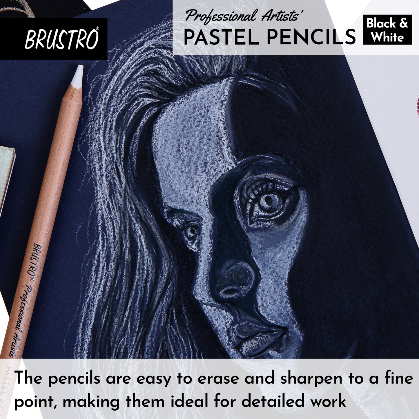 Brustro Professional Artists’ Pastel Pencils - Set of 6 (3 Black and 3 White) 4mm Leads, Pre-Sharpened
