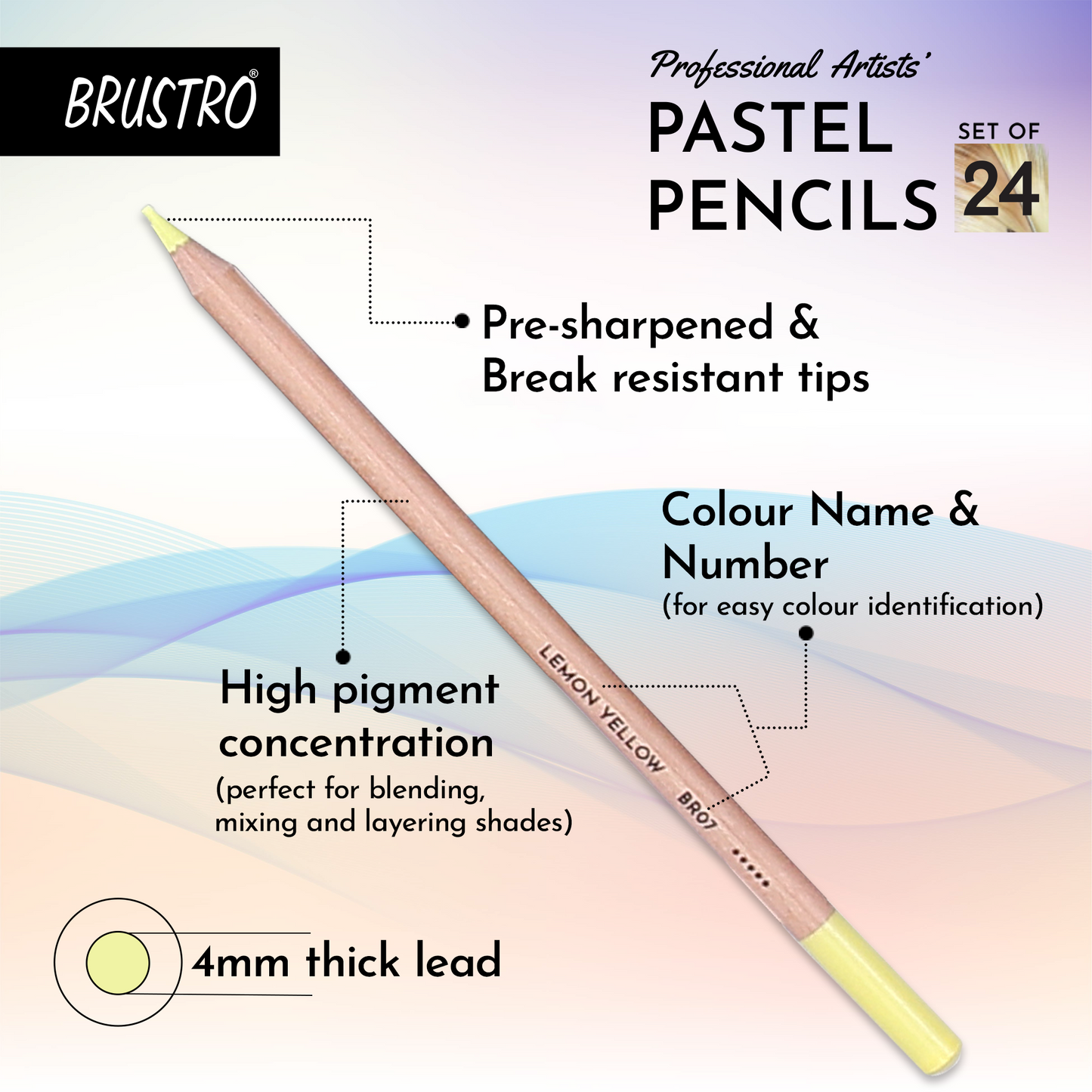 BRUSTRO Artists Pastel Pencils - Set of 24 Shades - 4mm Lead |Erasable, High Pigmented
