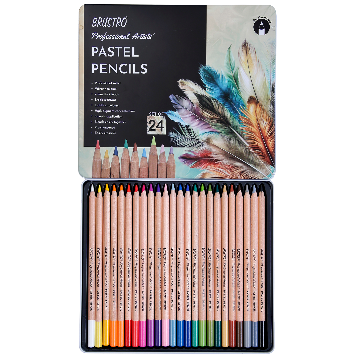 BRUSTRO Artists Pastel Pencils - Set of 24 Shades - 4mm Lead |Erasable, High Pigmented