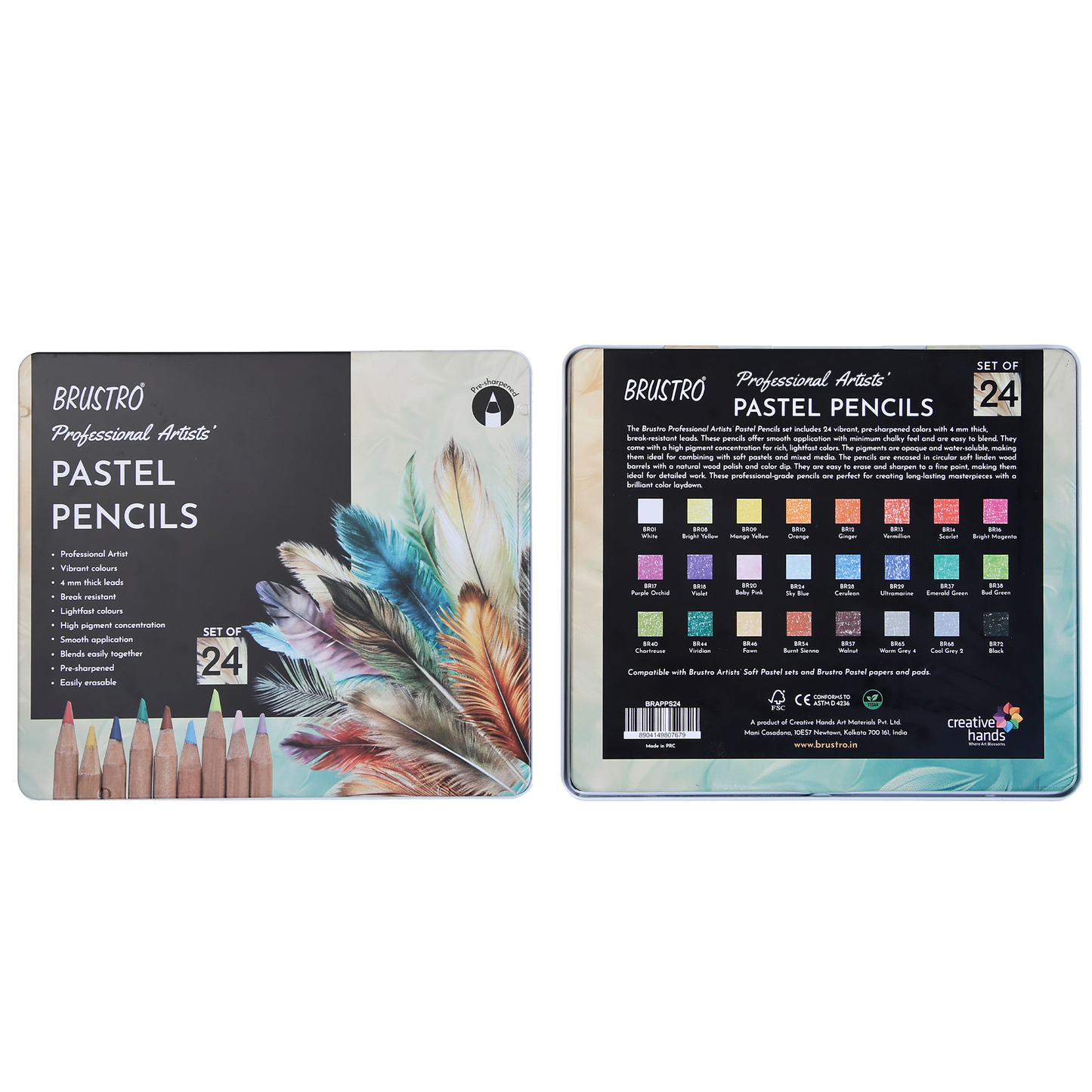 BRUSTRO Artists Pastel Pencils - Set of 24 Shades - 4mm Lead |Erasable, High Pigmented
