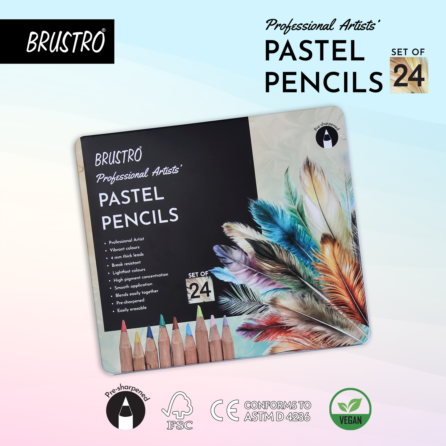 BRUSTRO Artists Pastel Pencils - Set of 24 Shades - 4mm Lead |Erasable, High Pigmented