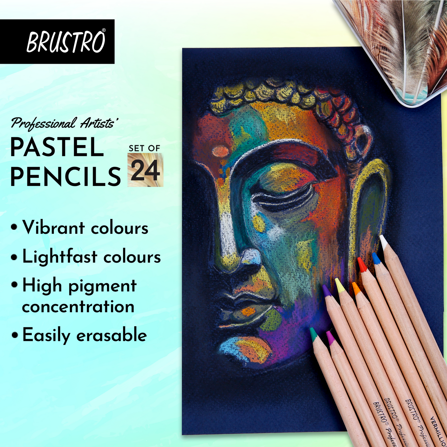BRUSTRO Artists Pastel Pencils - Set of 24 Shades - 4mm Lead |Erasable, High Pigmented