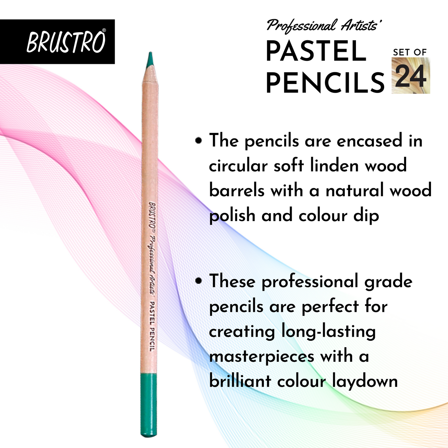 BRUSTRO Artists Pastel Pencils - Set of 24 Shades - 4mm Lead |Erasable, High Pigmented