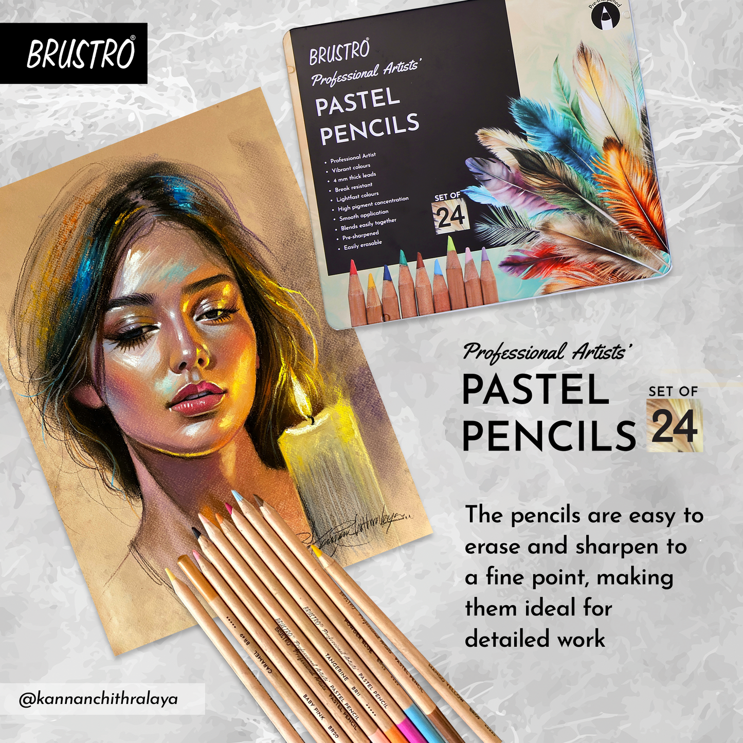 BRUSTRO Artists Pastel Pencils - Set of 24 Shades - 4mm Lead |Erasable, High Pigmented