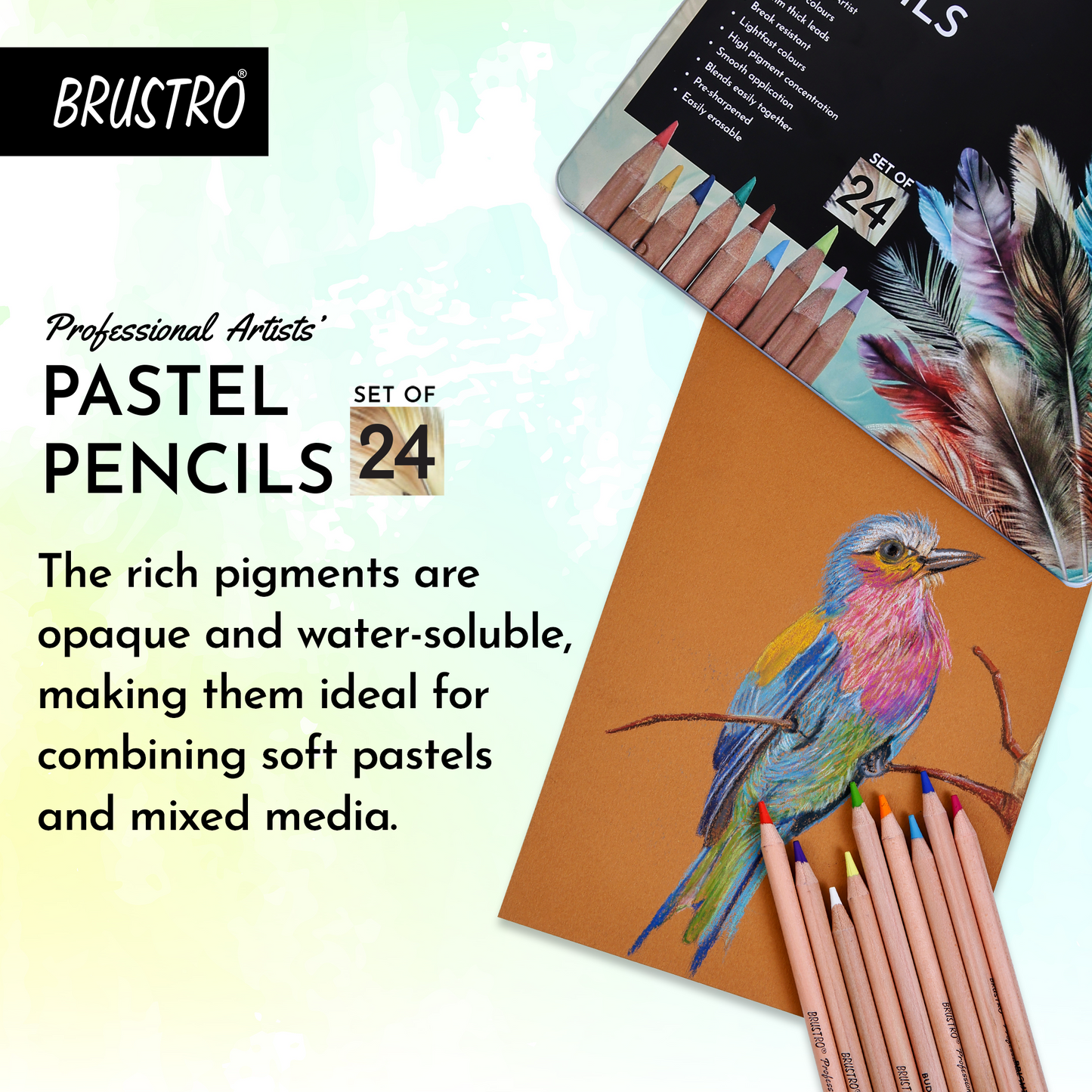 BRUSTRO Artists Pastel Pencils - Set of 24 Shades - 4mm Lead |Erasable, High Pigmented