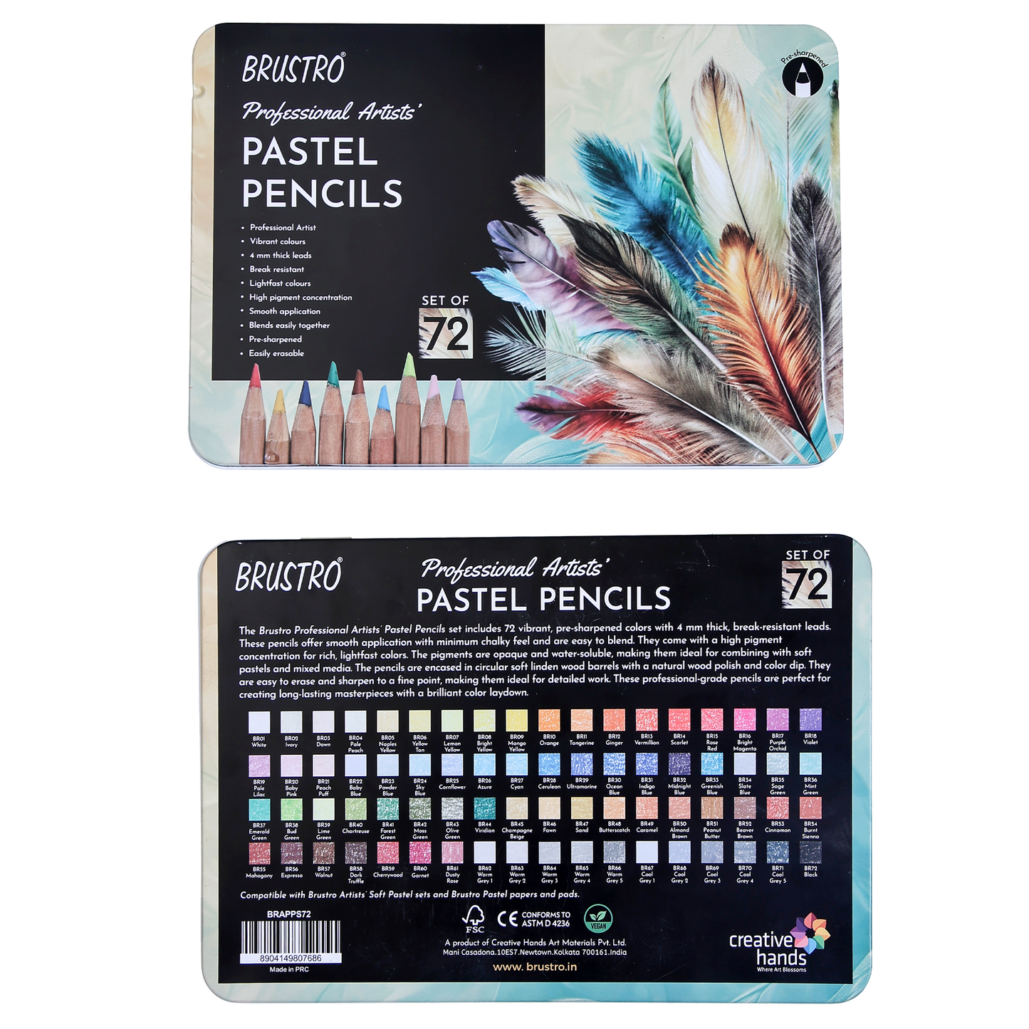 BRUSTRO Artists Pastel Pencils - Set of 72 Shades - 4mm Lead |Erasable, High Pigmented