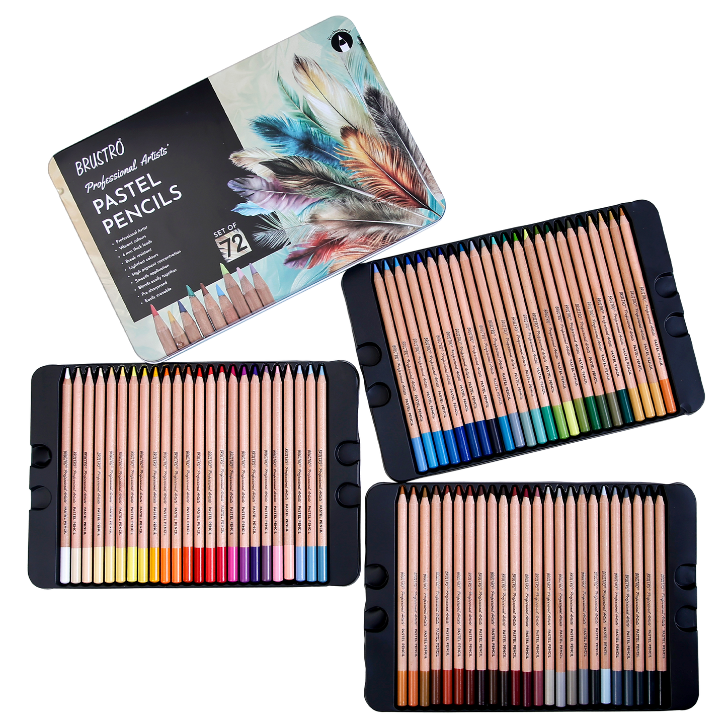 BRUSTRO Artists Pastel Pencils - Set of 72 Shades - 4mm Lead |Erasable, High Pigmented