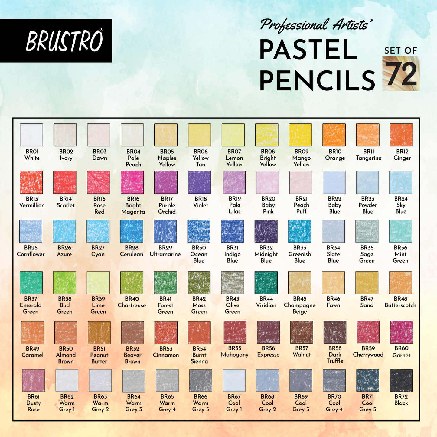 BRUSTRO Artists Pastel Pencils - Set of 72 Shades - 4mm Lead |Erasable, High Pigmented