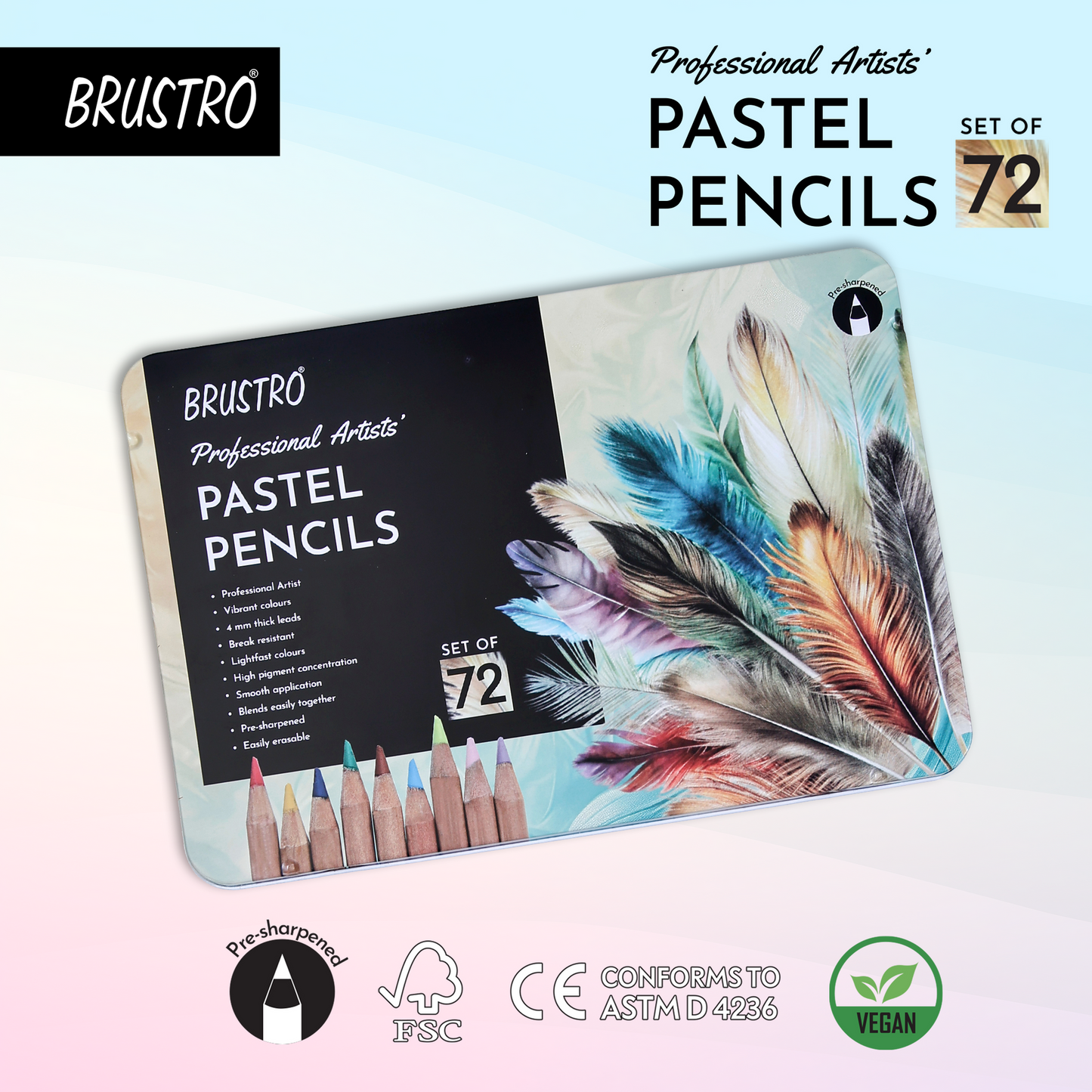 BRUSTRO Artists Pastel Pencils - Set of 72 Shades - 4mm Lead |Erasable, High Pigmented