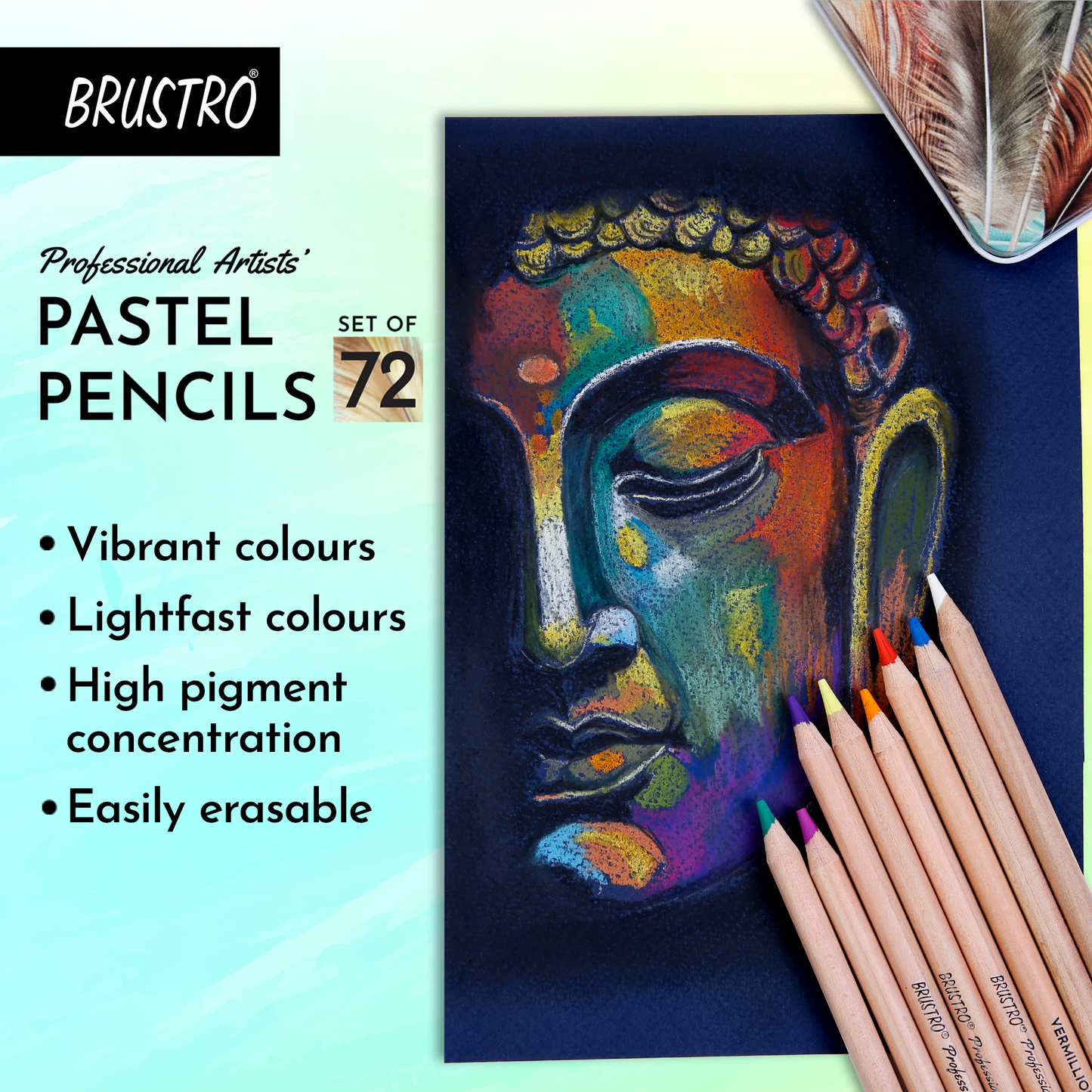 BRUSTRO Artists Pastel Pencils - Set of 72 Shades - 4mm Lead |Erasable, High Pigmented