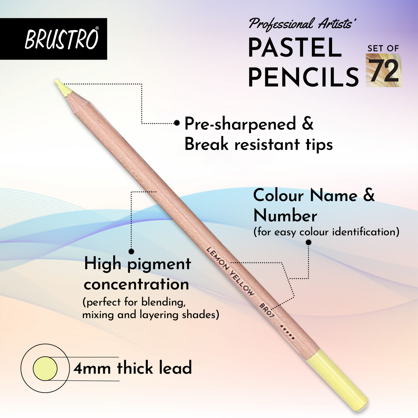 BRUSTRO Artists Pastel Pencils - Set of 72 Shades - 4mm Lead |Erasable, High Pigmented