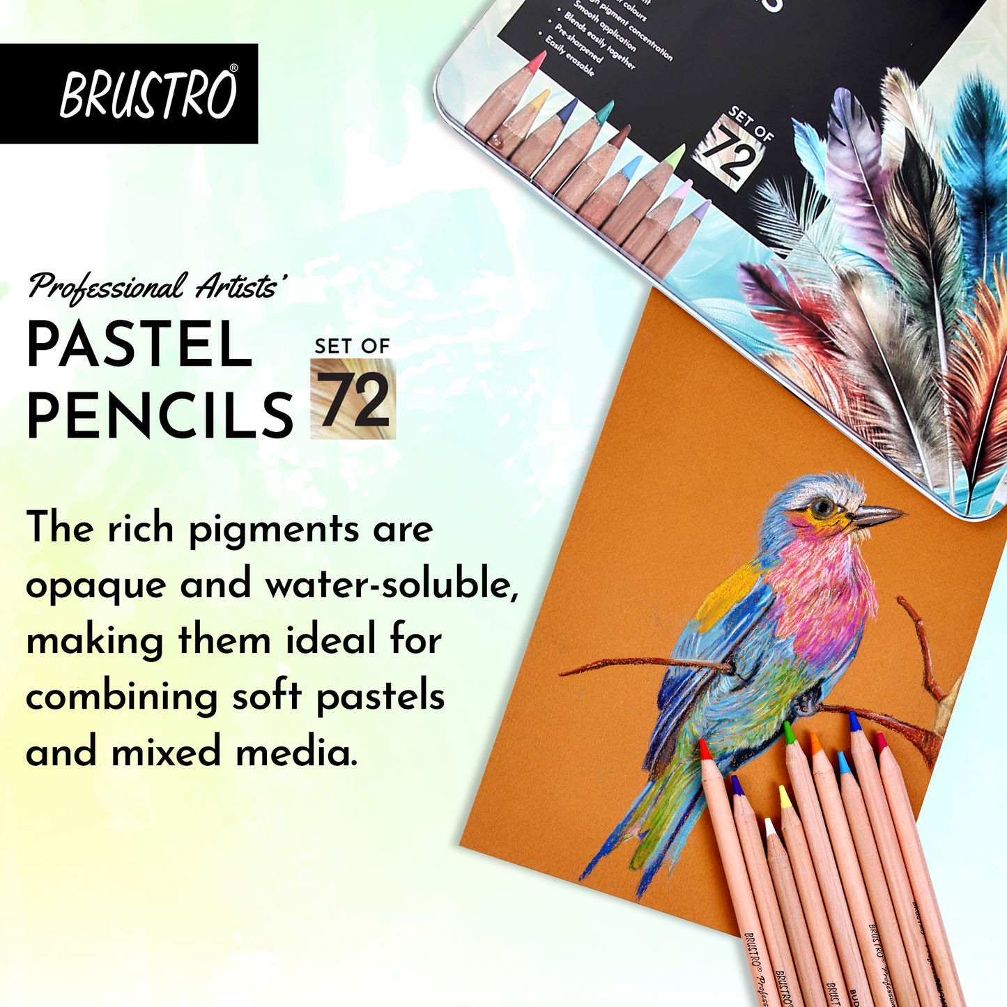 BRUSTRO Artists Pastel Pencils - Set of 72 Shades - 4mm Lead |Erasable, High Pigmented