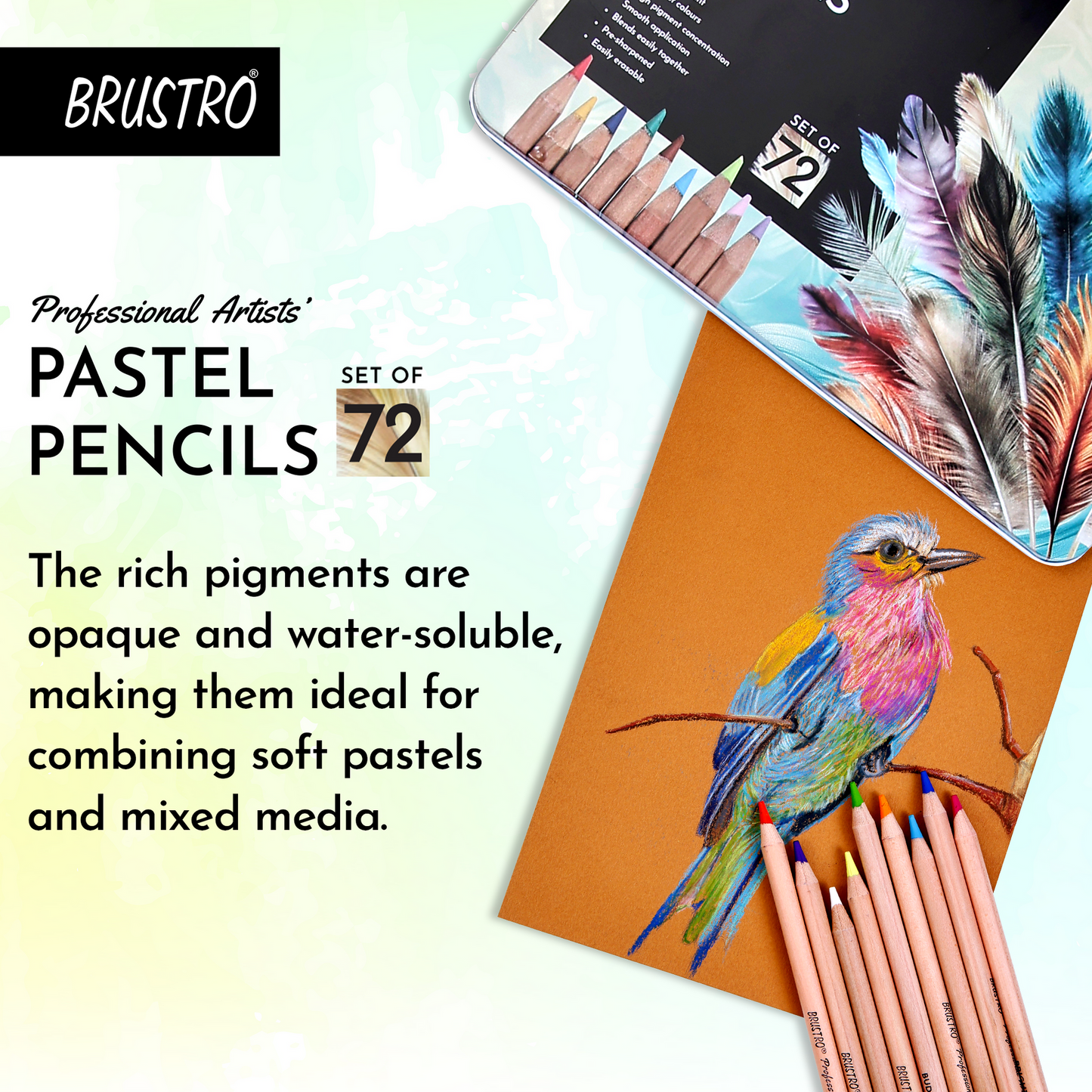 BRUSTRO Artists Pastel Pencils - Set of 72 Shades - 4mm Lead |Erasable, High Pigmented