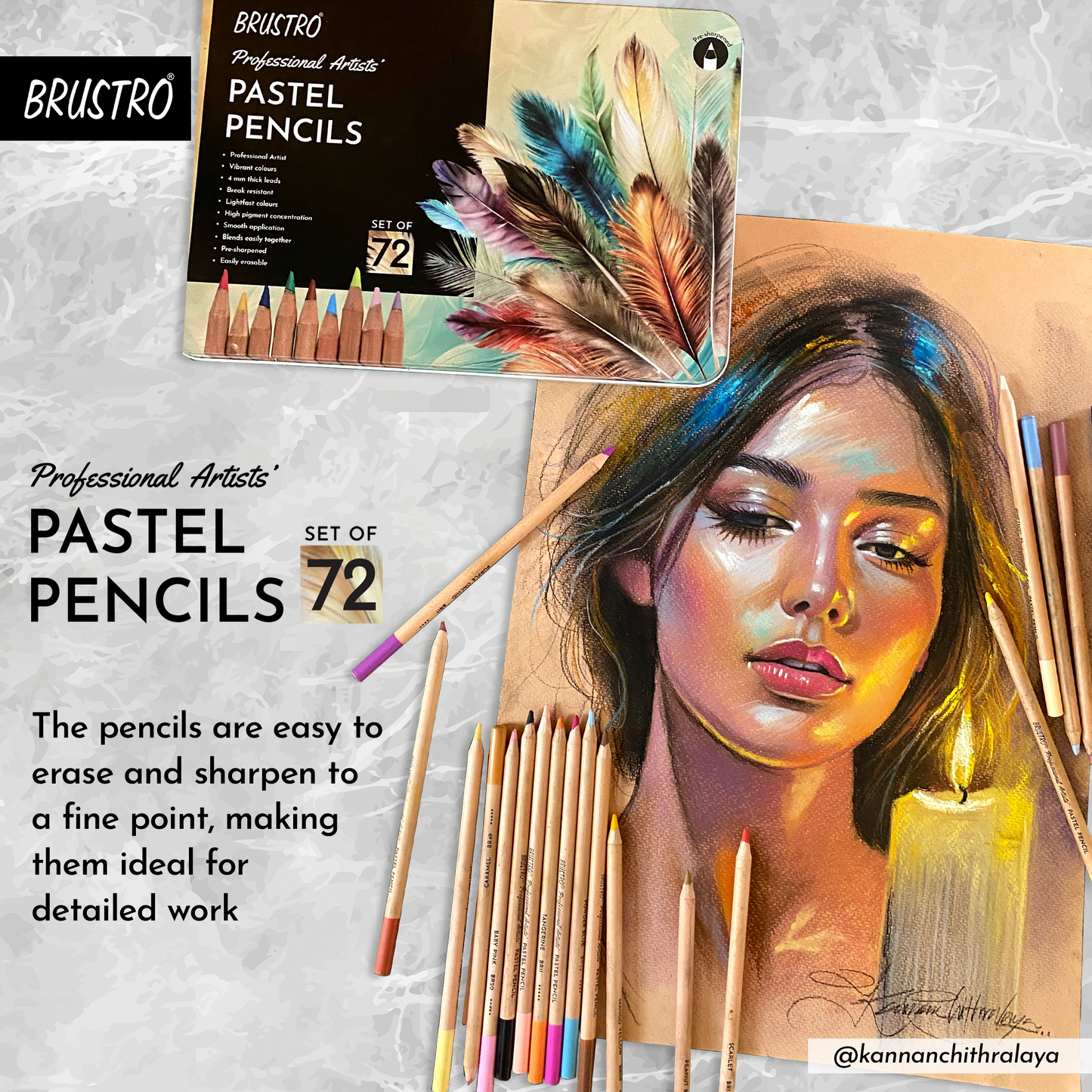 BRUSTRO Artists Pastel Pencils - Set of 72 Shades - 4mm Lead |Erasable, High Pigmented