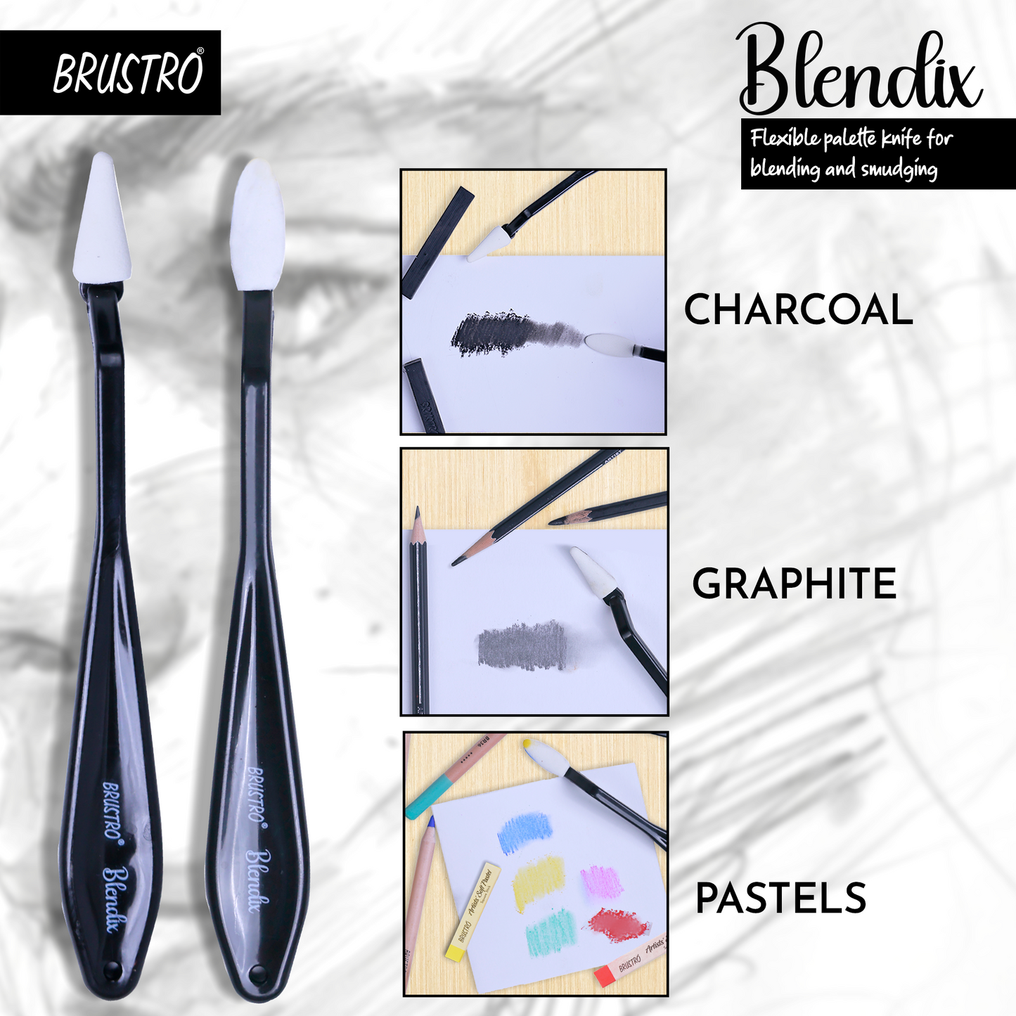 BRUSTRO Blendix Flexible Spongehead Soft Palette Knives | Set of 2 Ergonomic Handles with 10 Triangular & 10 Oval Sponge Blender