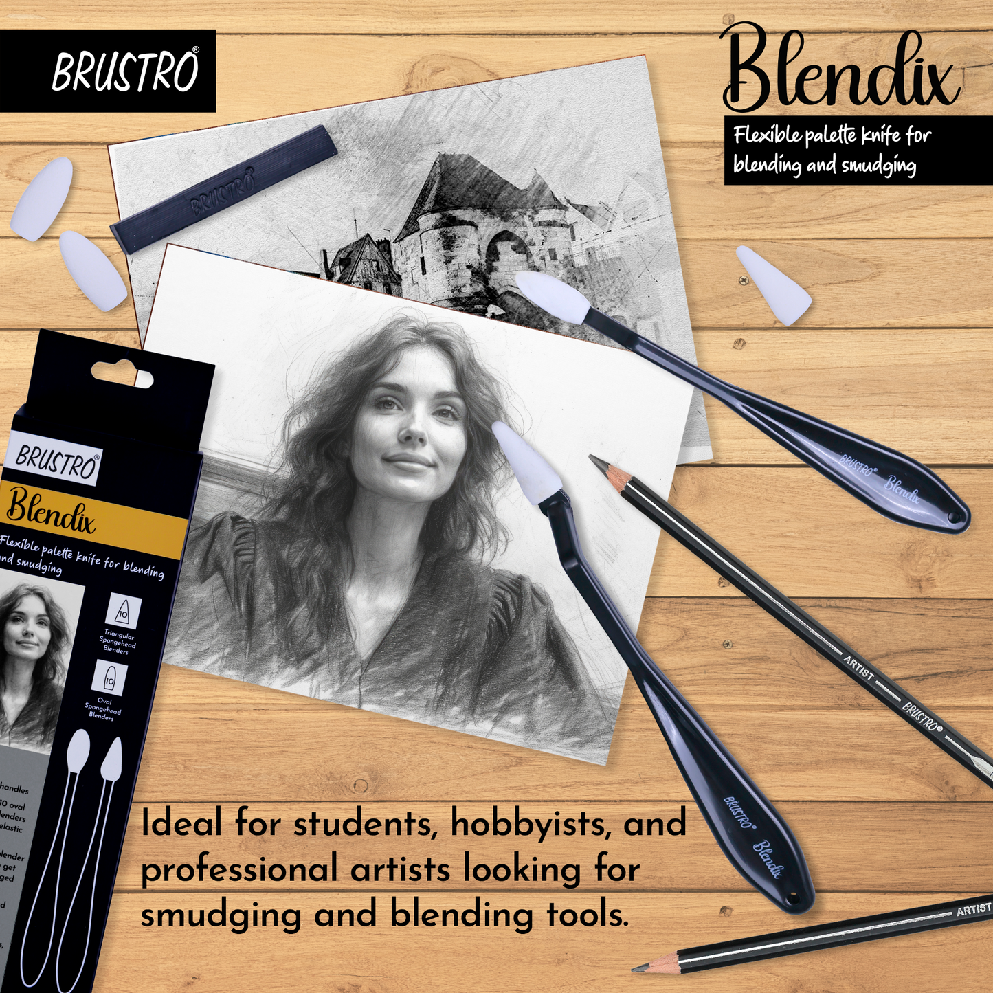 BRUSTRO Blendix Flexible Spongehead Soft Palette Knives | Set of 2 Ergonomic Handles with 10 Triangular & 10 Oval Sponge Blender