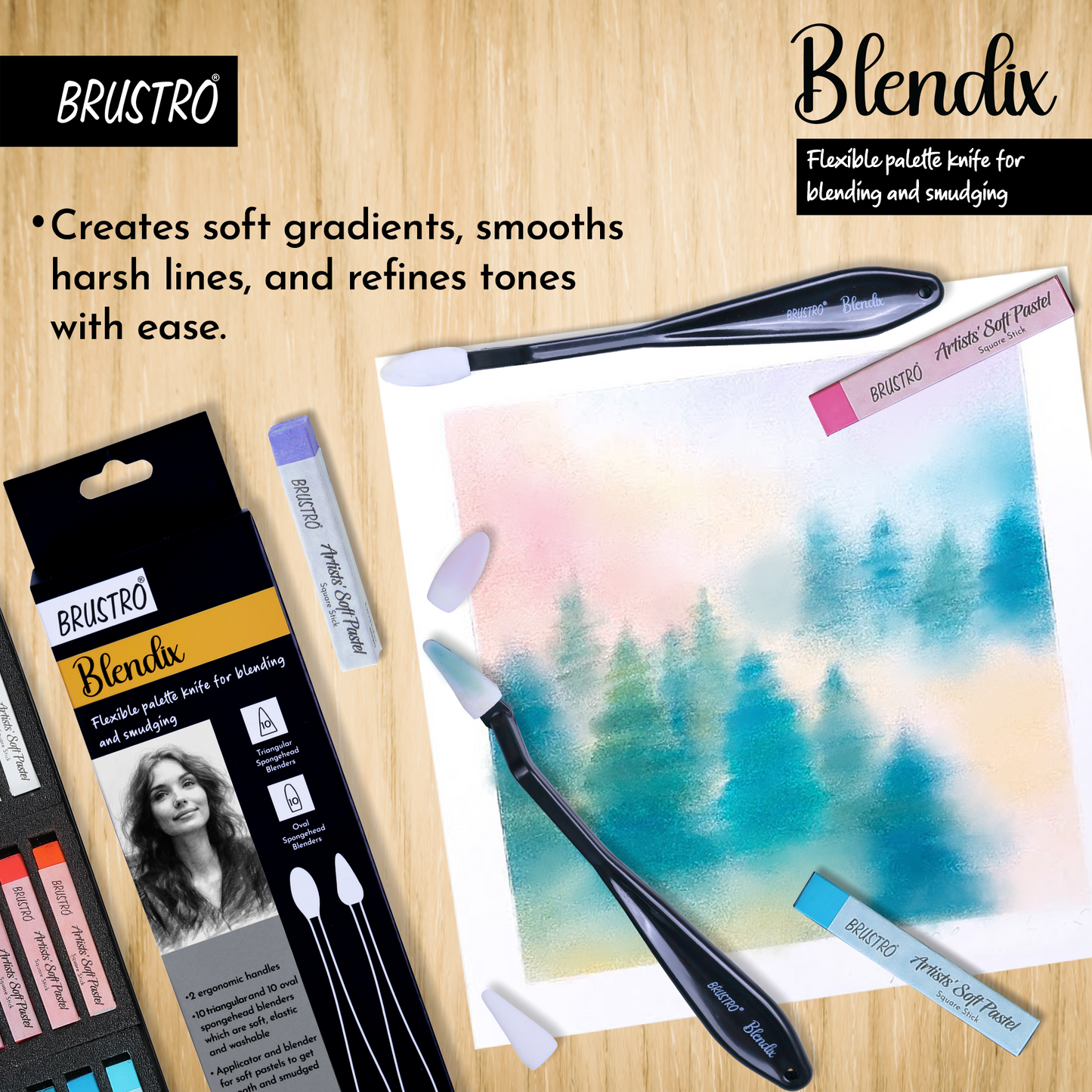 BRUSTRO Blendix Flexible Spongehead Soft Palette Knives | Set of 2 Ergonomic Handles with 10 Triangular & 10 Oval Sponge Blender