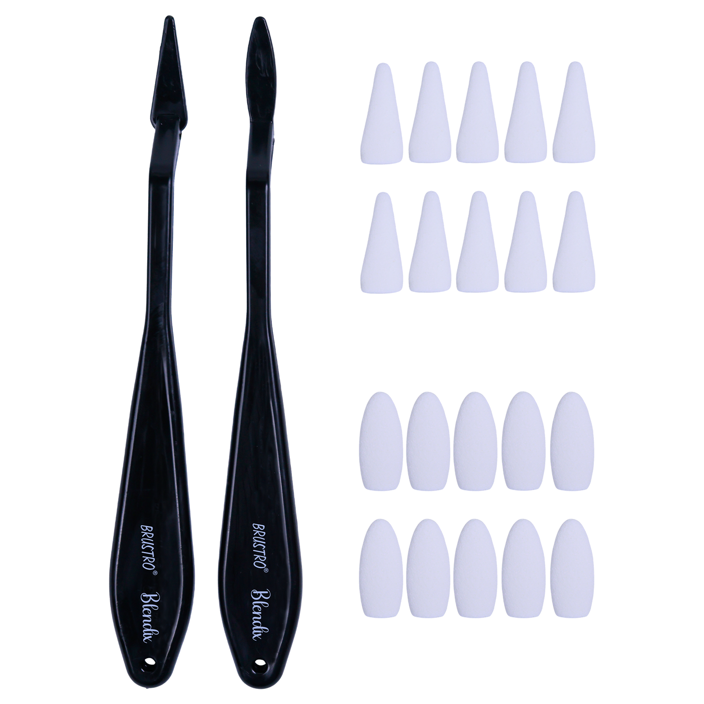 BRUSTRO Blendix Flexible Spongehead Soft Palette Knives | Set of 2 Ergonomic Handles with 10 Triangular & 10 Oval Sponge Blender