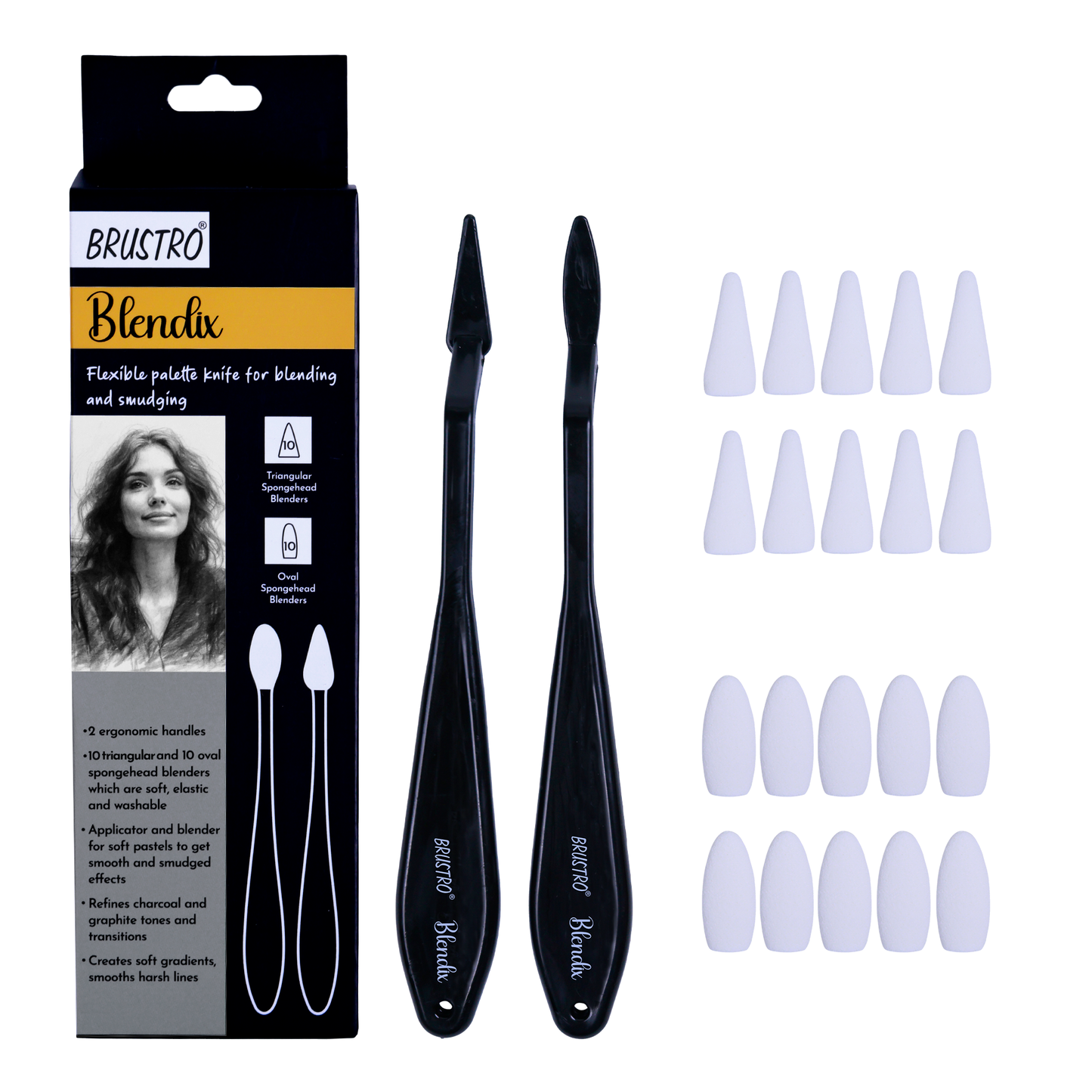 BRUSTRO Blendix Flexible Spongehead Soft Palette Knives | Set of 2 Ergonomic Handles with 10 Triangular & 10 Oval Sponge Blender