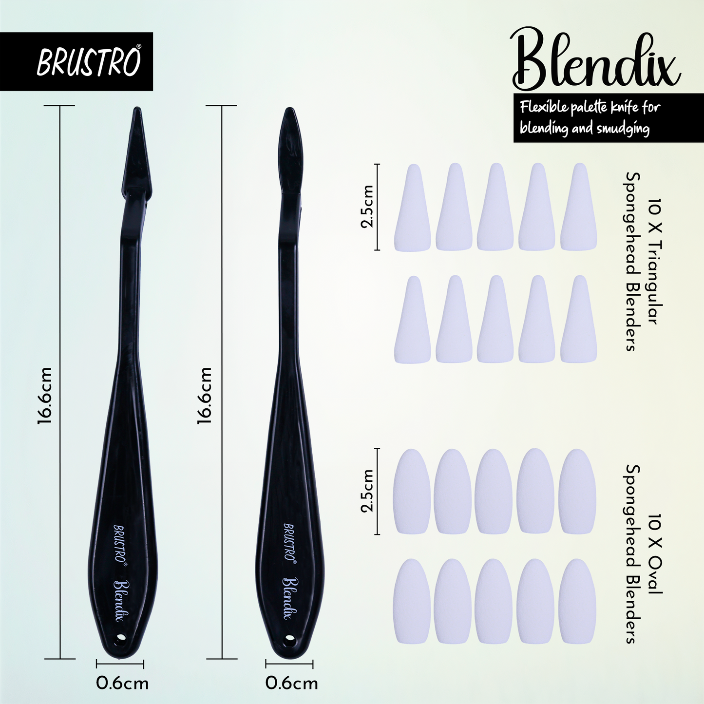 BRUSTRO Blendix Flexible Spongehead Soft Palette Knives | Set of 2 Ergonomic Handles with 10 Triangular & 10 Oval Sponge Blender