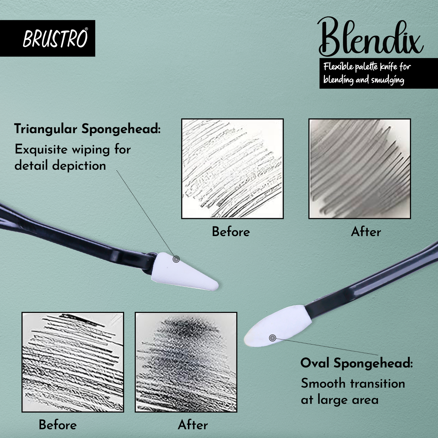 BRUSTRO Blendix Flexible Spongehead Soft Palette Knives | Set of 2 Ergonomic Handles with 10 Triangular & 10 Oval Sponge Blender