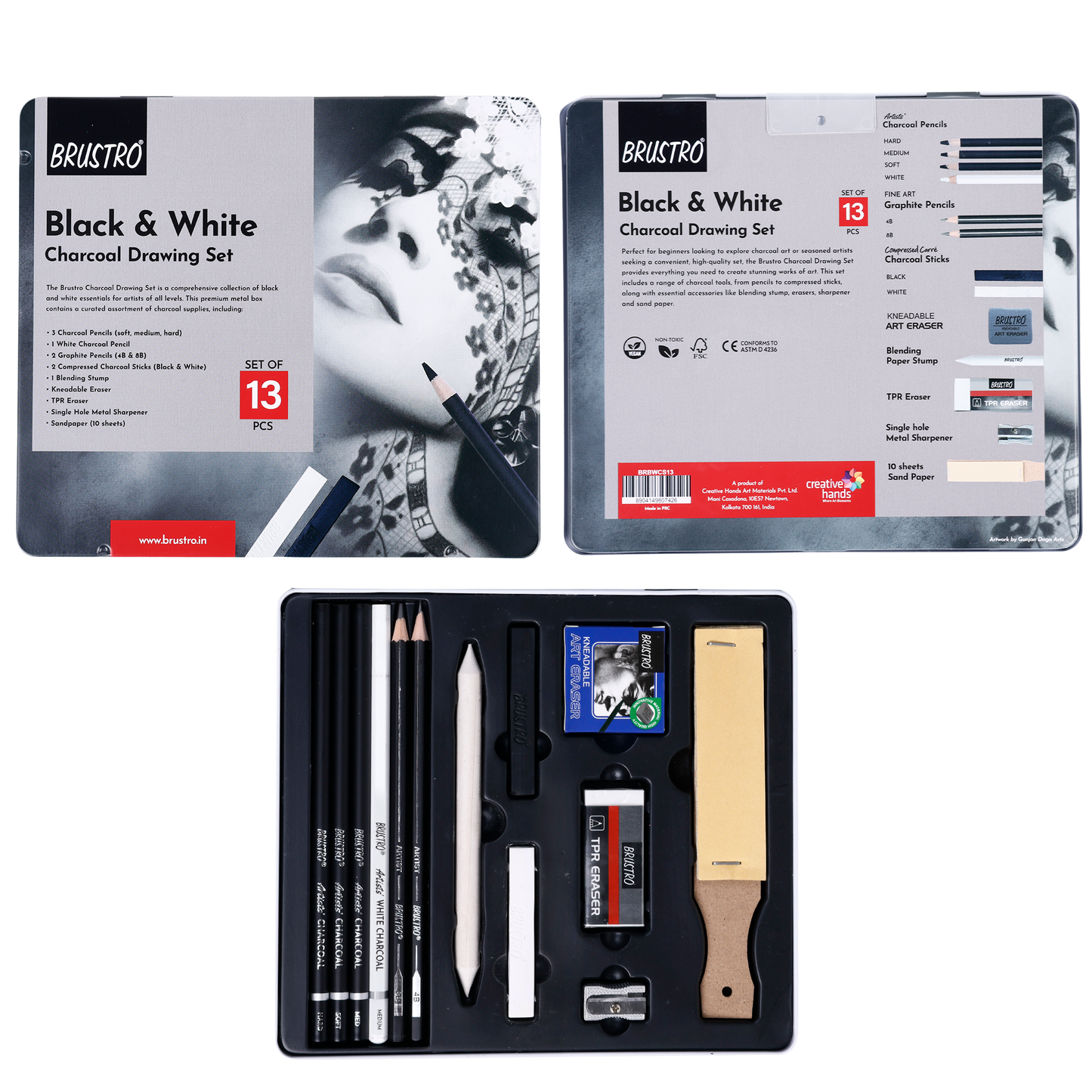 BRUSTRO Black and White Charcoal Drawing Set of 13 Pcs in a Metal Box| Ideal For Sketching, Shading, Blending, Illustration, Portraits, Landscape and Fine Arts