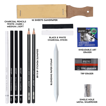 BRUSTRO Black and White Charcoal Drawing Set of 13 Pcs in a Metal Box| Ideal For Sketching, Shading, Blending, Illustration, Portraits, Landscape and Fine Arts
