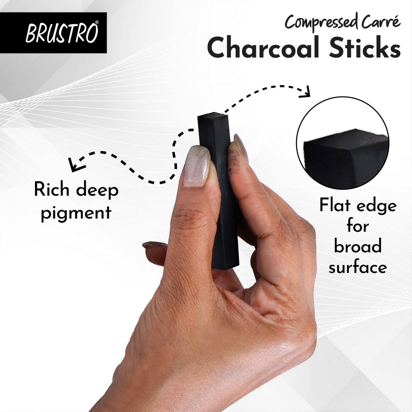 BRUSTRO Compressed Carre Charcoal Sticks - Set of 6 (5 Black & 1 White Stick)