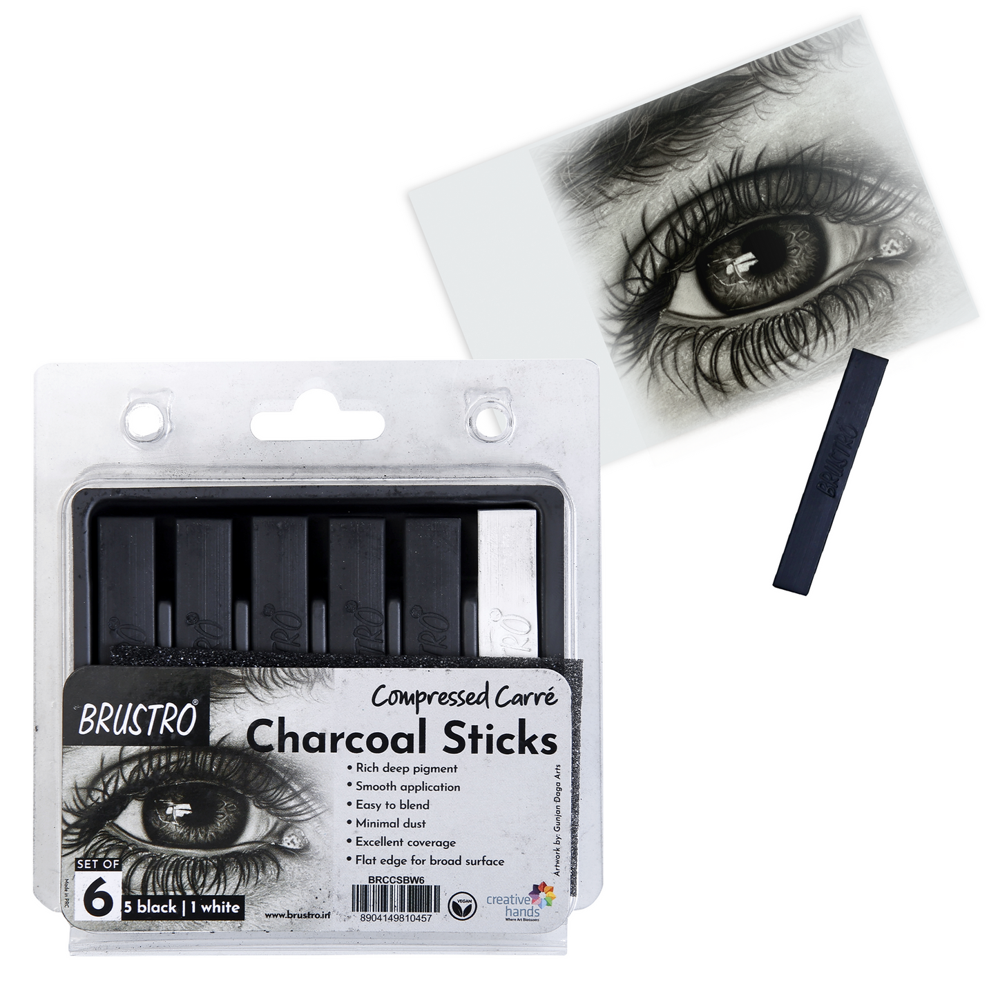 BRUSTRO Compressed Carre Charcoal Sticks - Set of 6 (5 Black & 1 White Stick)