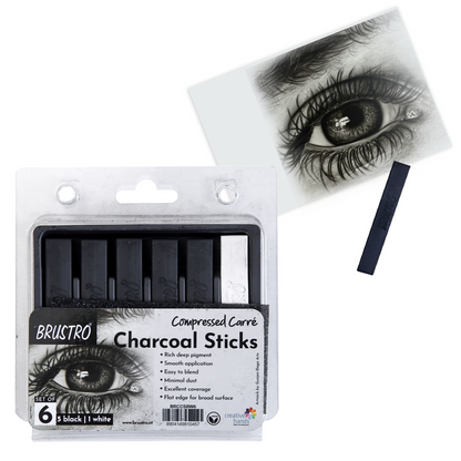 BRUSTRO Compressed Carre Charcoal Sticks - Set of 6 (5 Black & 1 White Stick)