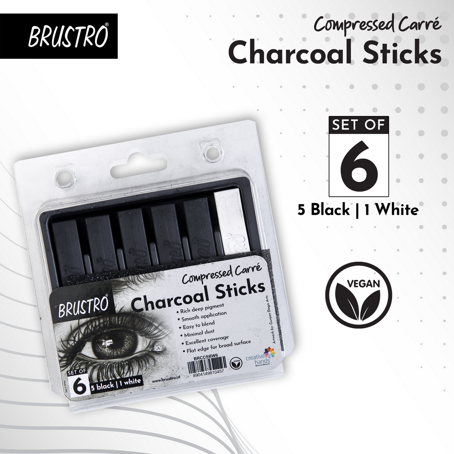 BRUSTRO Compressed Carre Charcoal Sticks - Set of 6 (5 Black & 1 White Stick)