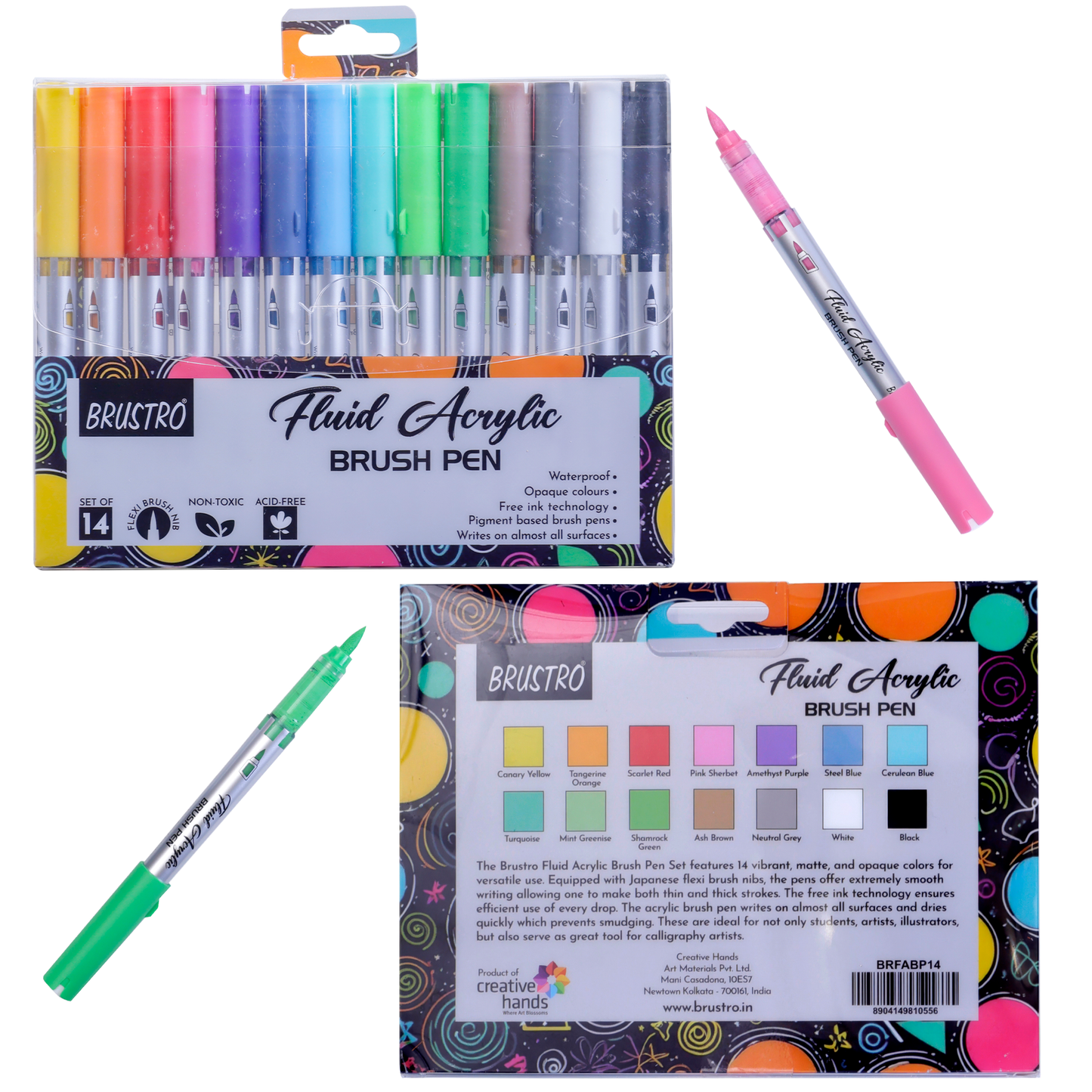 BRUSTRO Fluid Acrylic Brush Pen | Set of 14 Basic Shades