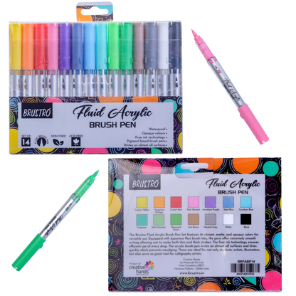 BRUSTRO Fluid Acrylic Brush Pen | Set of 14 Basic Shades