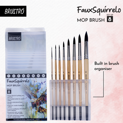 BRUSTRO Faux Squirrelo Mop Brush | Round, Set of 8 (Size- 1,4,5,8,10,12,14,16 ) | Synthetic and Natural Bristles