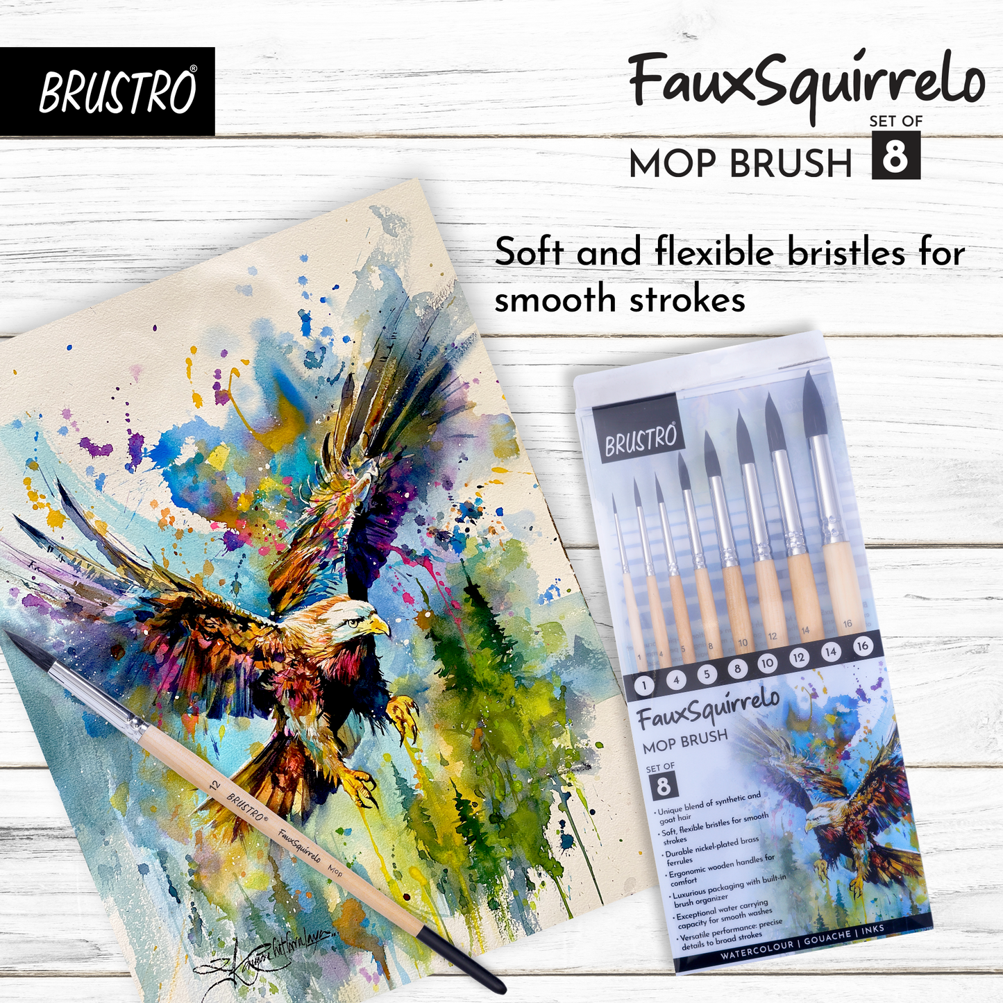 BRUSTRO Faux Squirrelo Mop Brush | Round, Set of 8 (Size- 1,4,5,8,10,12,14,16 ) | Synthetic and Natural Bristles