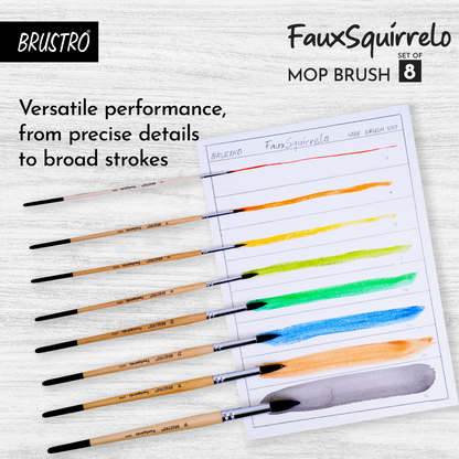 BRUSTRO Faux Squirrelo Mop Brush | Round, Set of 8 (Size- 1,4,5,8,10,12,14,16 ) | Synthetic and Natural Bristles