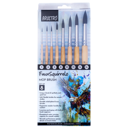 BRUSTRO Faux Squirrelo Mop Brush | Round, Set of 8 (Size- 1,4,5,8,10,12,14,16 ) | Synthetic and Natural Bristles