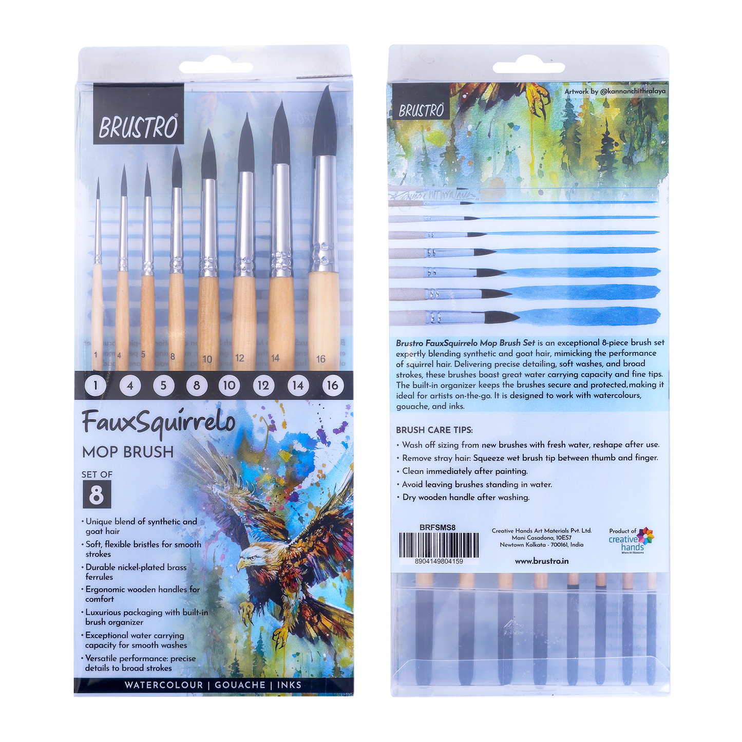 BRUSTRO Faux Squirrelo Mop Brush | Round, Set of 8 (Size- 1,4,5,8,10,12,14,16 ) | Synthetic and Natural Bristles