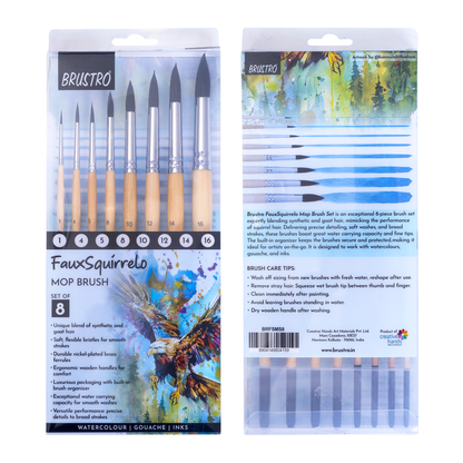 BRUSTRO Faux Squirrelo Mop Brush | Round, Set of 8 (Size- 1,4,5,8,10,12,14,16 ) | Synthetic and Natural Bristles