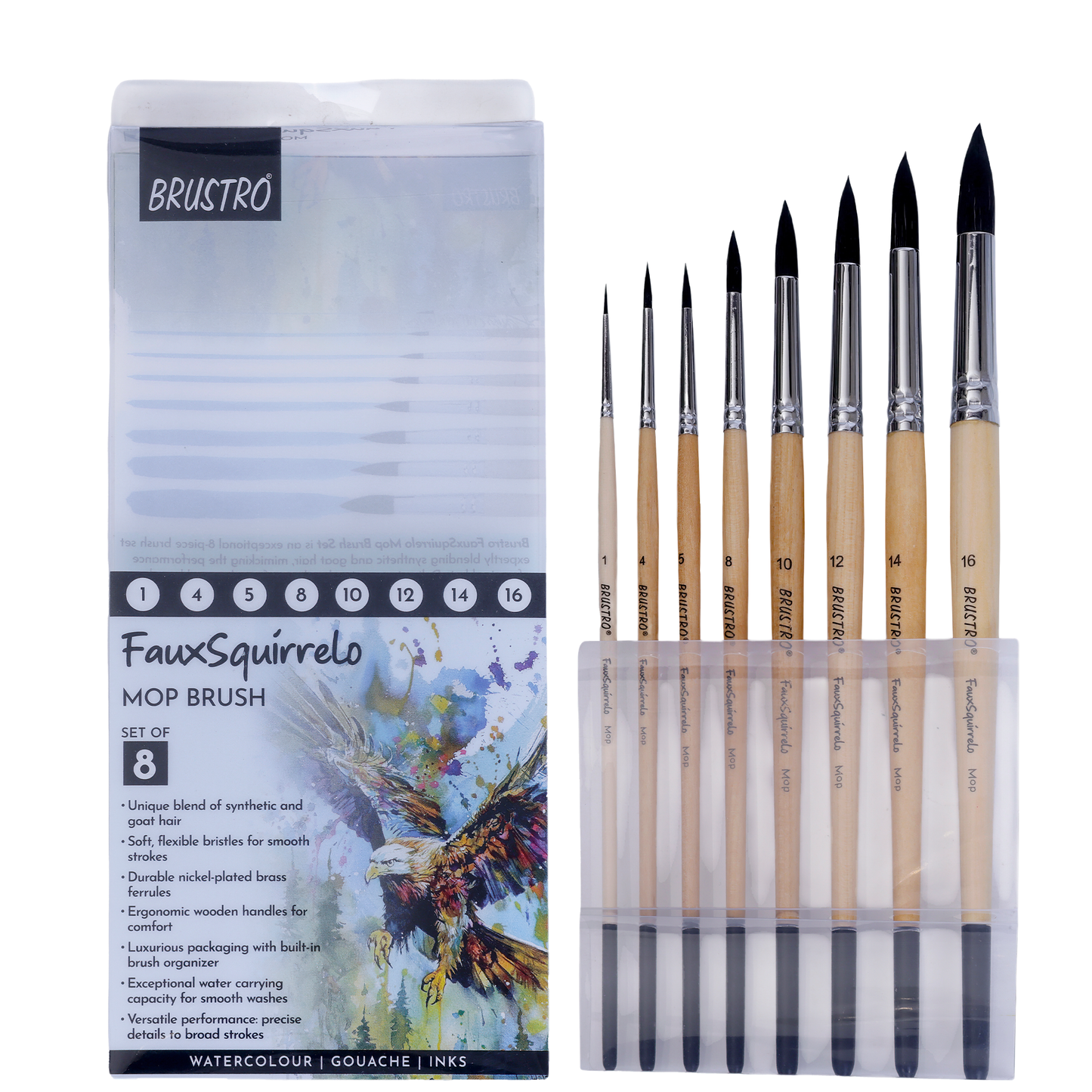 BRUSTRO Faux Squirrelo Mop Brush | Round, Set of 8 (Size- 1,4,5,8,10,12,14,16 ) | Synthetic and Natural Bristles