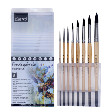 BRUSTRO Faux Squirrelo Mop Brush | Round, Set of 8 (Size- 1,4,5,8,10,12,14,16 ) | Synthetic and Natural Bristles