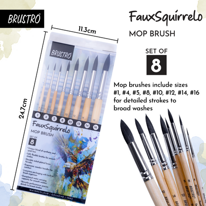 BRUSTRO Faux Squirrelo Mop Brush | Round, Set of 8 (Size- 1,4,5,8,10,12,14,16 ) | Synthetic and Natural Bristles