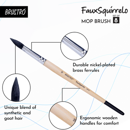BRUSTRO Faux Squirrelo Mop Brush | Round, Set of 8 (Size- 1,4,5,8,10,12,14,16 ) | Synthetic and Natural Bristles