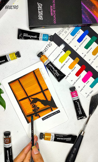 BRUSTRO Artists Gouache Colour | Set of 12 Colours X 12ml Tubes |Opaque Colors,Intermixable