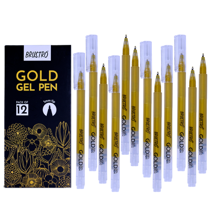 BRUSTRO Gold Gel Pen|Pack of 12 - 1mm Metal Tip,Opaque and Viscous Ink