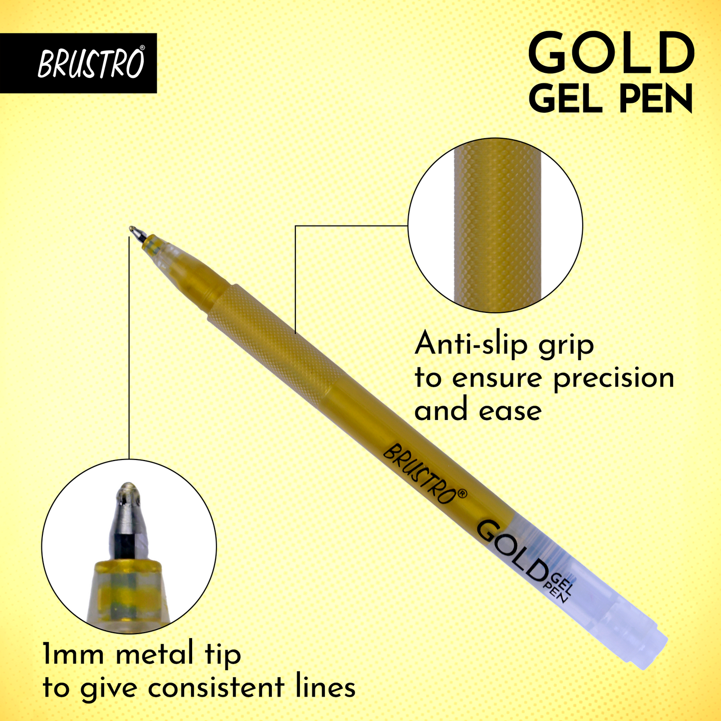 BRUSTRO Gold Gel Pen|Pack of 12 - 1mm Metal Tip,Opaque and Viscous Ink
